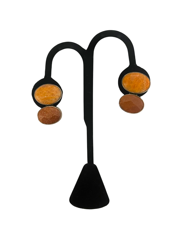 Snakeskin Agate & Goldstone Clip On Earrings