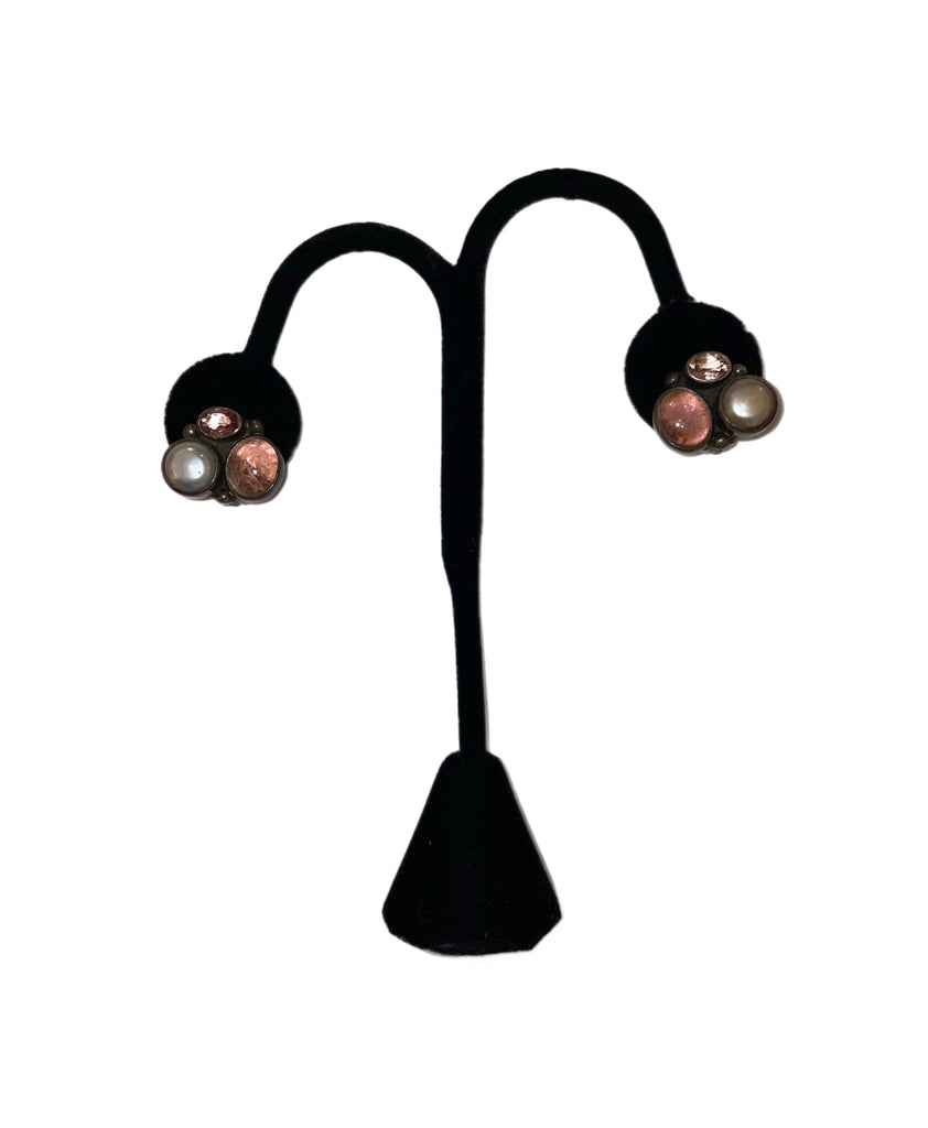 Pink Tourmaline, Rose Quartz & Freshwater Pearl Cluster Clip-On Earrings