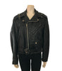 black leather motorcycle style jacket with zipper front and attached belt at waist. with three pockets on front.