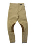 Stretchy, beige breeches with curved seams and brown, suede patches on the inner-knees. 