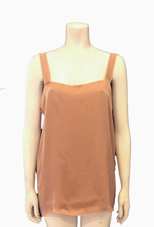 ( Front View) Sleeveless silk tunic top by Lanvin featuring a square neckline, boxy oversized fit, and a raw frayed hem. 