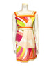 1960s Emilio Pucci square neck a-line mini dress with green, pink, orange, magenta, yellow, and white geometric pattern