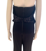 Black, halter-neck, jumpsuit with black, sequin bra-cups and garter-belt that is hooked to silver o-rings. Attached vegan-leather underbust. 