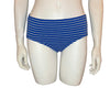1980s Women's blue and white vertical striped swim bottoms shown on a mannequin form