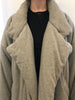 Grey, padded, oversized, sleeping-bag coat with oversized lapel. 