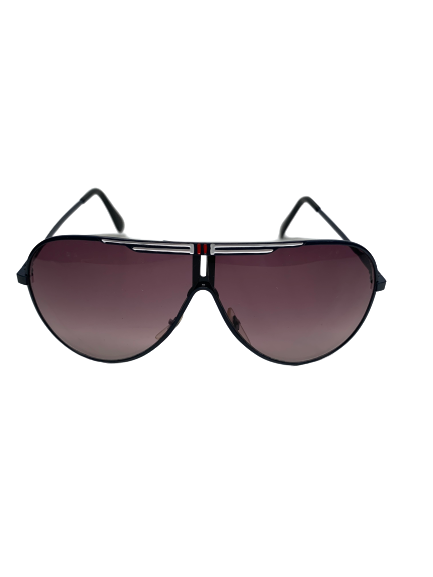 Metal framed aviator style sunglasses in navy blue with white and red detailing along top bar