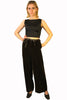 brown, velvet, wide-leg pant with attached belt at waist, and front zipper.