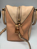 Beige, rectangular, leather handbag with gold hardware. 