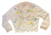 beige knit cardigan sweater with pink, yellow and blue embroidered flowers on it