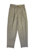 Front view of 1950s grey pleat front trousers with a belt