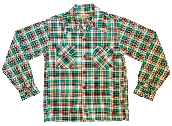 Green multi plaid double pocket long sleeve shirt