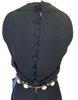 Black, heavy-linen, sleeveless, knee-length dress with an attached white, gold, and black beaded belt. Buttons up the back. 