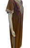Side view of a mannequin in a brown short sleeve kaftan with white embroidery