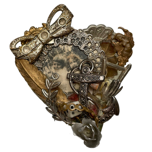 1989 Maximal Art Assemblage Heart Brooch w/ Anchor, Rose & Dice