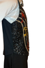 Black, sequin-front, snap-up vest with sequined musical note motif. 