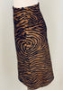 Side view of the zipper on a brown & black tiger stripe printed pony hair pencil skirt.