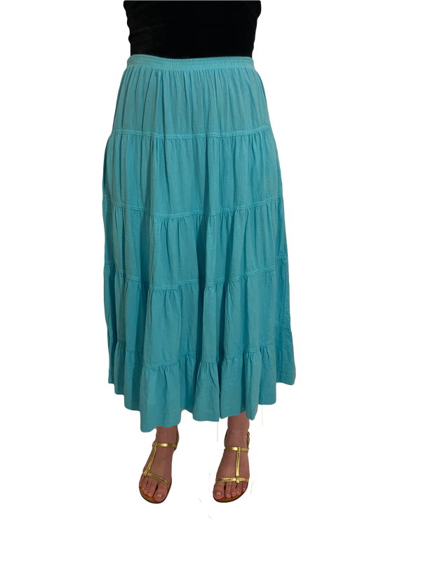 1970s Deadstock New Hero Aqua Blue Tiered Cotton Skirt
