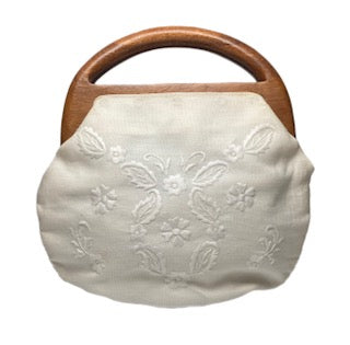 1960s/70s White Embroidered Bag w/ Wooden Handle