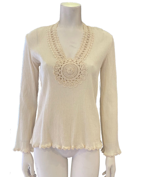 long sleeve white cotton gauze blouse with crochet circle at the neck