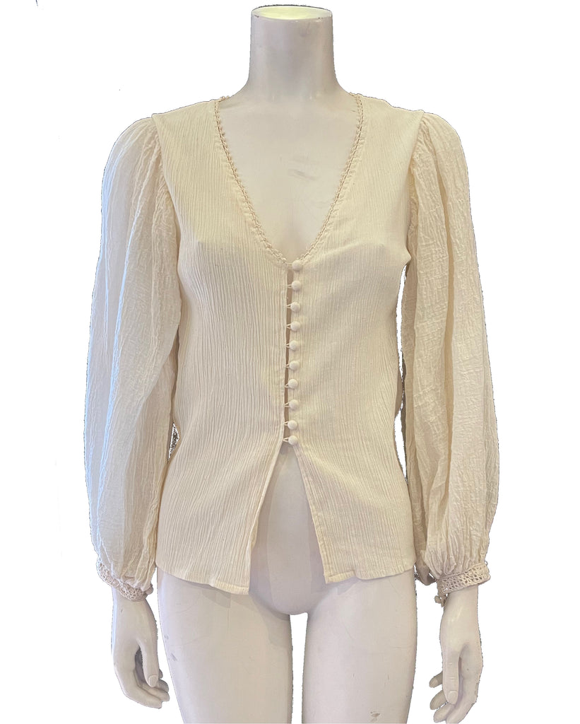 1970s Cotton Gauze Blouse w/ Buttons & Crochet Trim