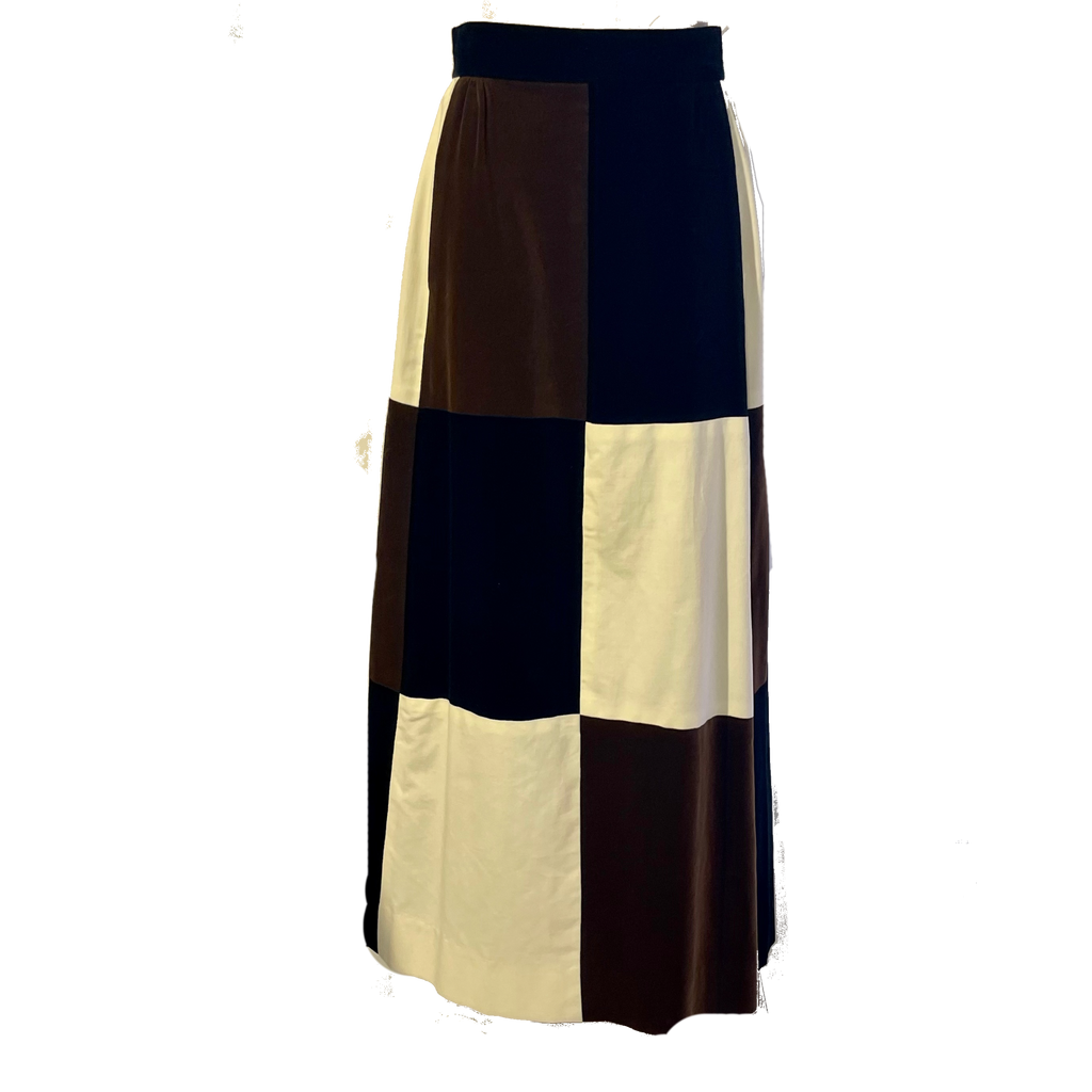 1970s Brown, Creme & Black Velvet Patchwork Maxi Skirt