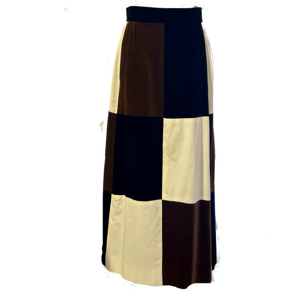 1970s Brown, Creme & Black Velvet Patchwork Maxi Skirt