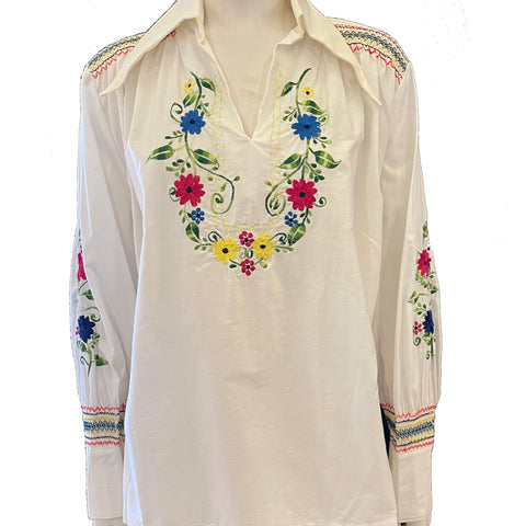 1970s Royer Cotton Blouse w/ Embroidery
