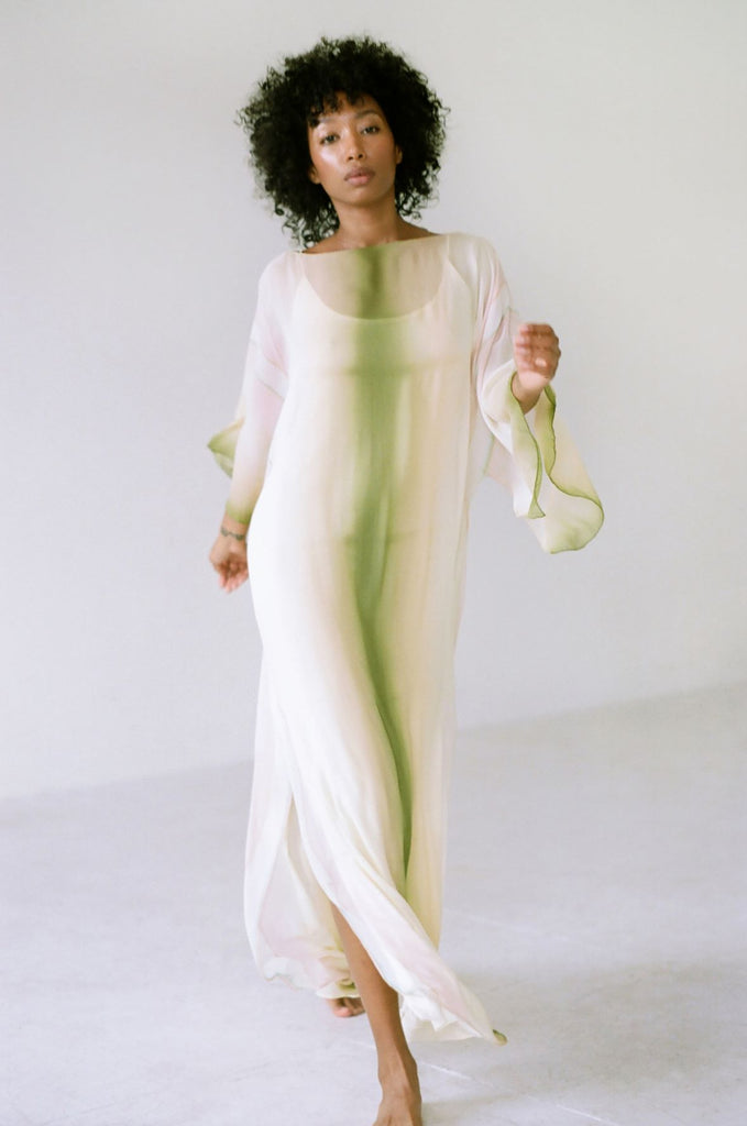 1970s Halston Hand Dyed Ombre Silk Chiffon Caftan Dress 1970s Halston Hand Dyed Ombre Silk Chiffon Caftan Dress