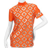 Orange, short-sleeve, mock-neck shirt with a silver, graphic print with mirrored embellishments. 