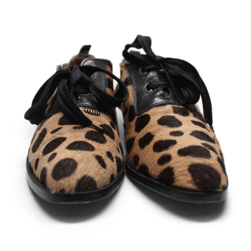 Item Sold Out Brown, leopard-printed, ponyskin, lace-up oxfords with brown leather heel. 