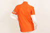 Orange, short-sleeve, mock-neck shirt with a loop on back of neck. 