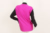 Fuschia shirt with black long-sleeves, black mock-neck, and a silver, graphic print with mirrored embellishments. Loop on back of neck.