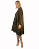 long-sleeve, tent-style, knee-length dress with a combination of lace & leopard-print jacquard in greens, brown and gold.