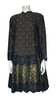 long-sleeve, tent-style, knee-length dress with a combination of lace & leopard-print jacquard in greens, brown and gold.