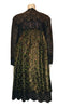 long-sleeve, tent-style, knee-length dress with a combination of lace & leopard-print jacquard in greens, brown and gold.