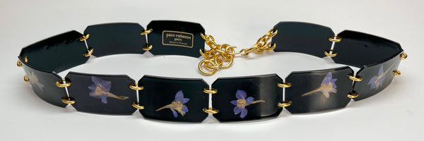 black plastic chain belt with purple flowers pressed inside