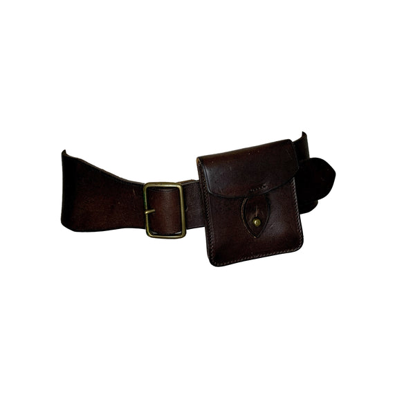 Brown leather belt with snap pouch one one side.