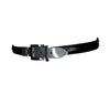 Black leather belt with silver tone metal fastening and buckle