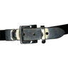 Black leather belt with silver tone metal fastening and buckle