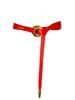 Red leather belt with round gold metal buckle that belt loops through to close. Gold  metal tip on end of belt
