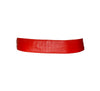 Red leather belt with round gold metal buckle that belt loops through to close. Gold metal tip on end of belt
