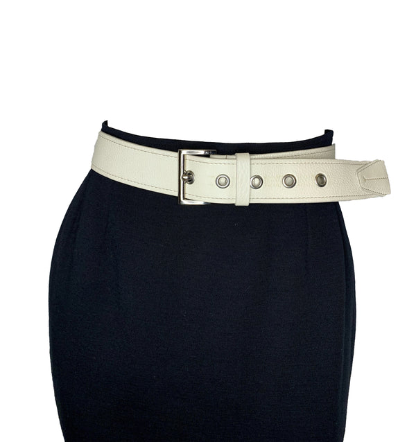 White pebble leather belt with silver grommets and silver square buckle.