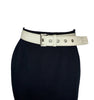 White pebble leather belt with silver grommets and silver square buckle.