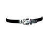 Black leather belt with silver tone metal fastening and buckle  