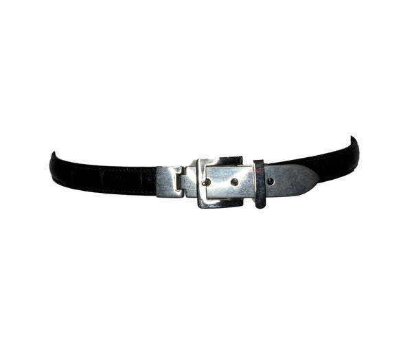 Black leather belt with silver tone metal fastening and buckle
