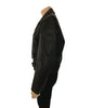 black leather motorcycle style jacket with zipper front and attached belt at waist. with three pockets on front.