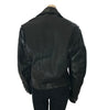 black leather motorcycle style jacket with zipper front and attached belt at waist. with three pockets on front.