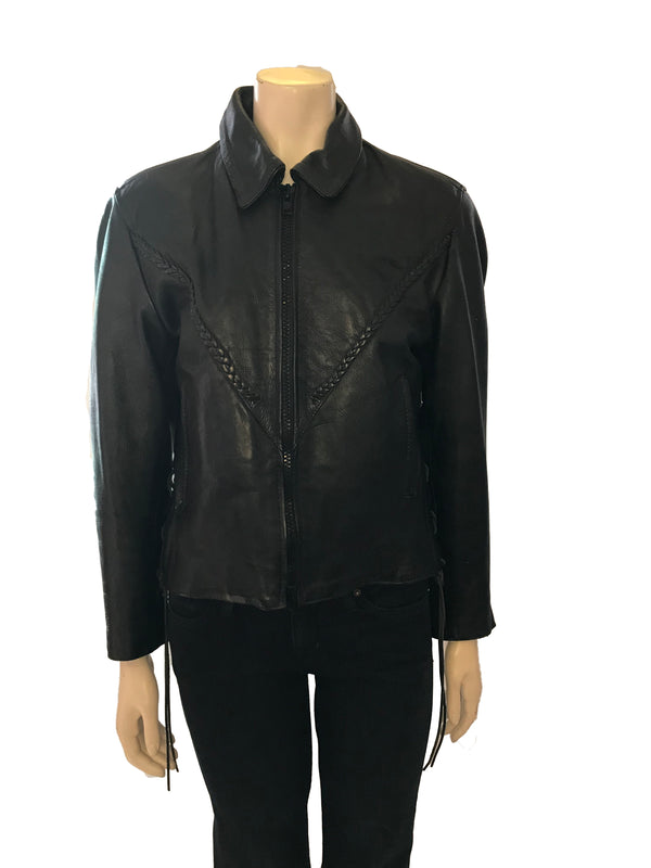 Black leather zip up jacket with pointed collar and braided leather detail across front.