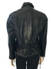 Black leather zip up jacket with pointed collar and braided leather detail across front.