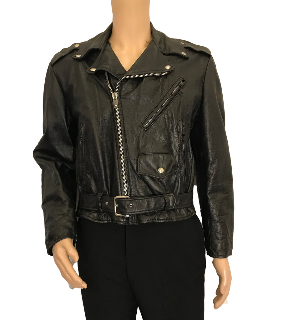 black leather motorcycle style jacket  with zipper front and attached belt at waist. with three additional pockets on front. 